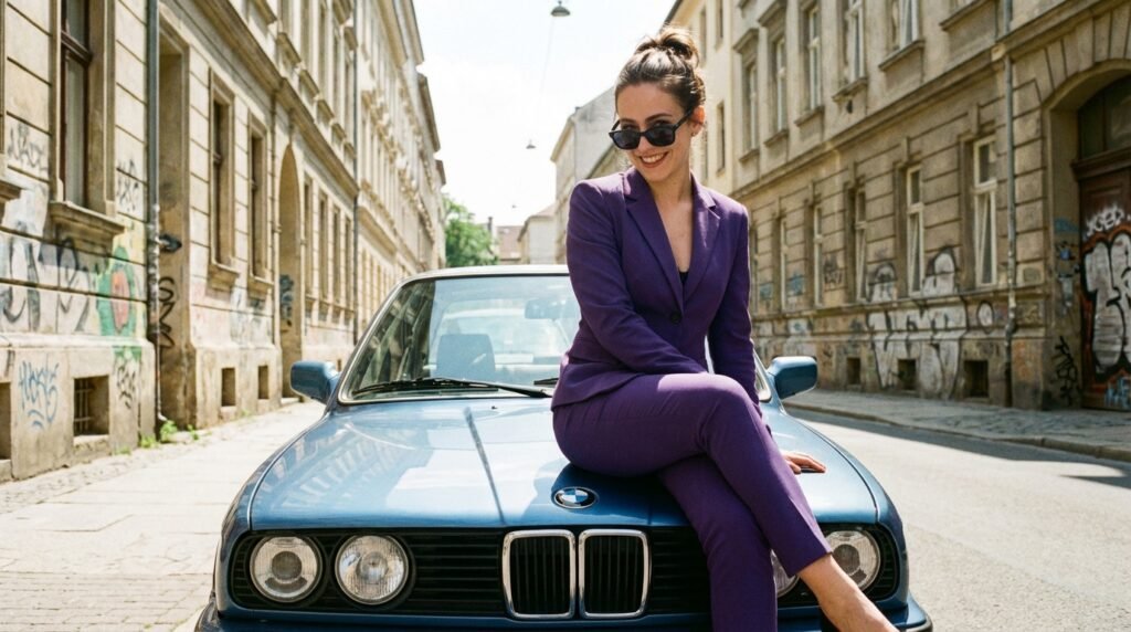 Junge Frau sitzt selbstbewusst auf einem Auto in der Stadt – Symbol für Eigenständigkeit und Orientierung mit dem KFZFuchs Essential zur Auto Versicherung für Fahranfänger.