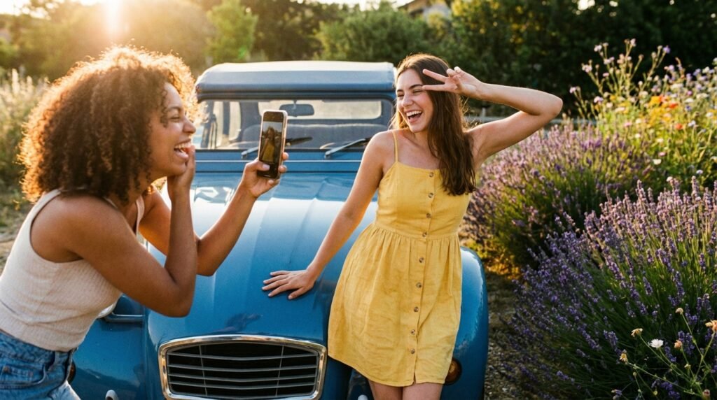 Zwei junge Frauen lachen gemeinsam vor einem blauen Oldtimer, während eine von ihnen ein Foto mit dem Smartphone macht – Sommerfeeling und Spaß trotz dem ernsten Thema „Auto Versicherung berechnen“.