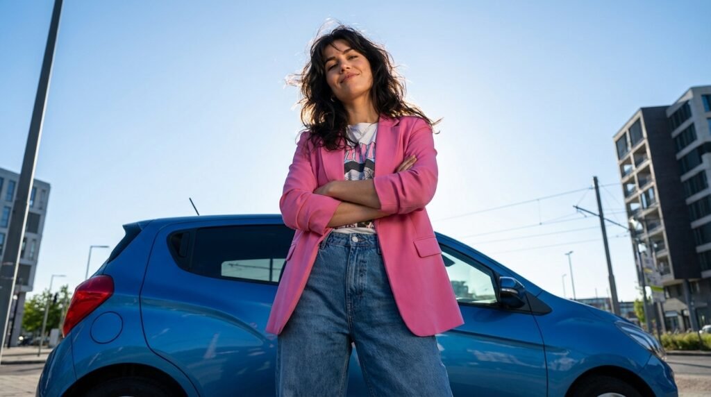 Selbstbewusste junge Frau steht mit verschränkten Armen vor einem blauen Auto – Symbolbild für Klarheit und Kontrolle beim Thema Versicherung Telematik