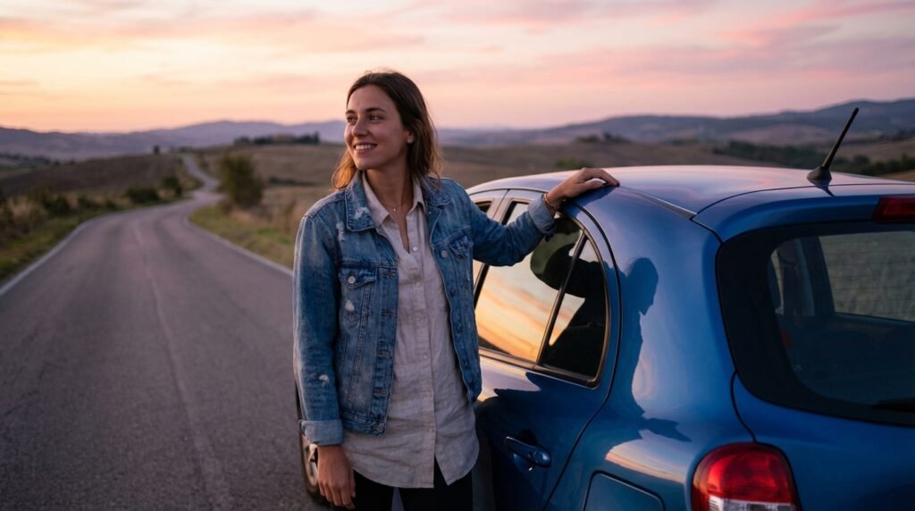 Junge Frau lehnt entspannt an einem blauen Auto bei Sonnenuntergang und blickt lächelnd in die Ferne – Symbolbild für Selbstbestimmung und smarte Entscheidung bei der Auto Versicherung günstiger.
