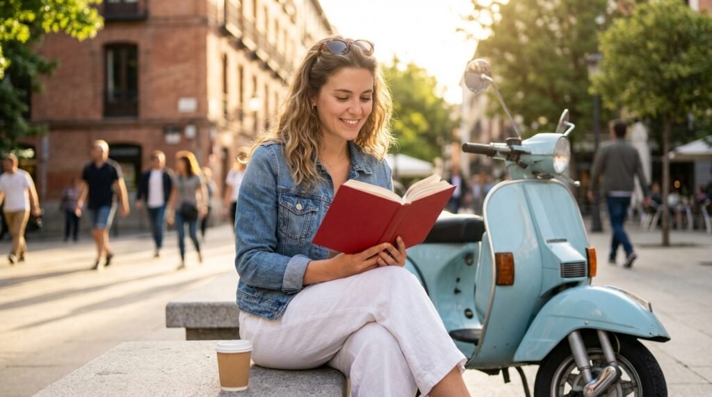 Junge Frau sitzt mit einem Buch und Kaffee neben ihrem hellblauen Roller in der Stadt und informiert sich entspannt – Symbolbild für auto Versicherung günstiger machen vor dem ersten Autokauf.