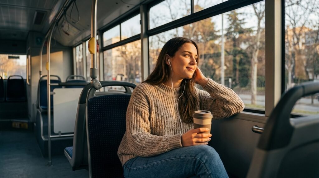 Junge Frau sitzt entspannt im Bus bei Abendlicht, hört Musik und hält einen Kaffeebecher – sicher unterwegs ohne Auto