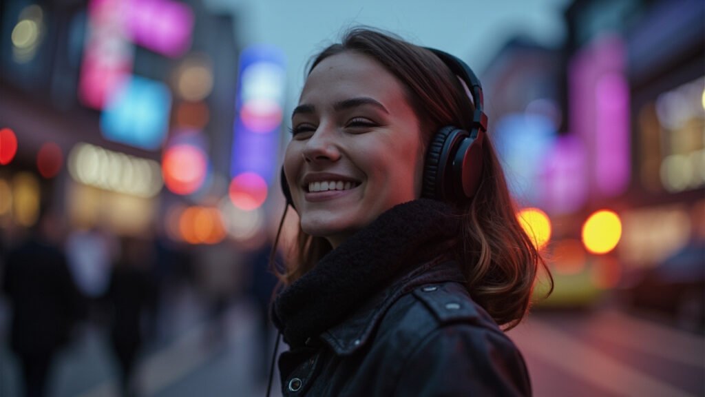 Junge Frau mit Kopfhörern lächelt entspannt in der Stadt – Car Sharing und urbane Mobilität ohne eigenes Auto
